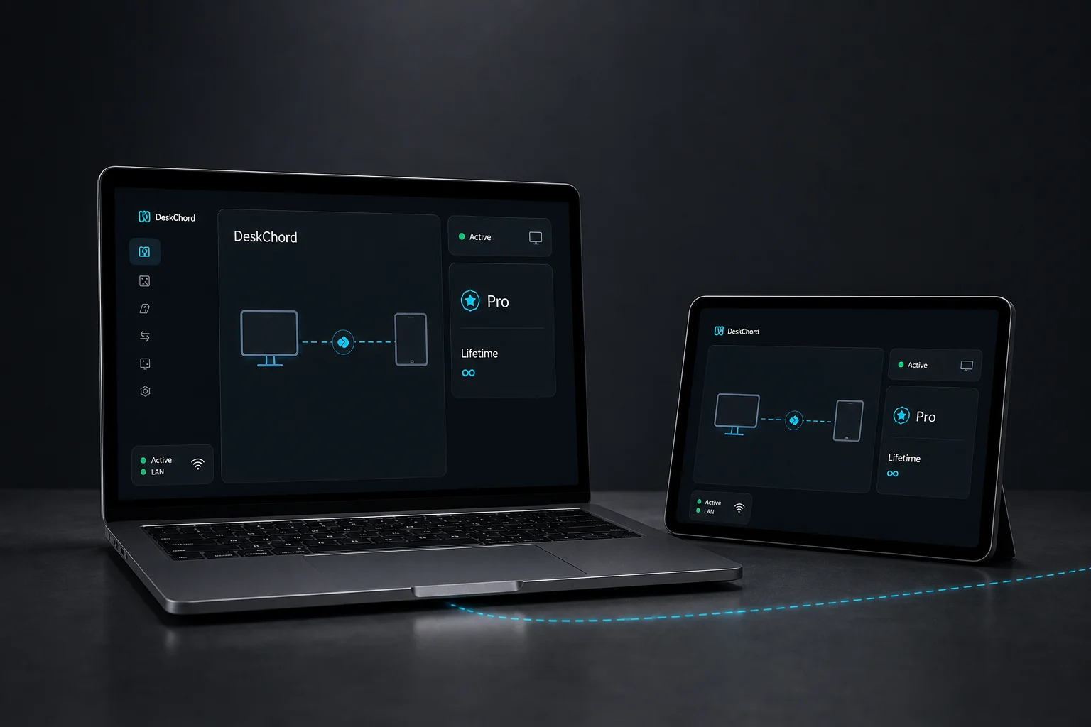 DeskChord lifetime license concept shown on a connected Windows laptop and Android tablet