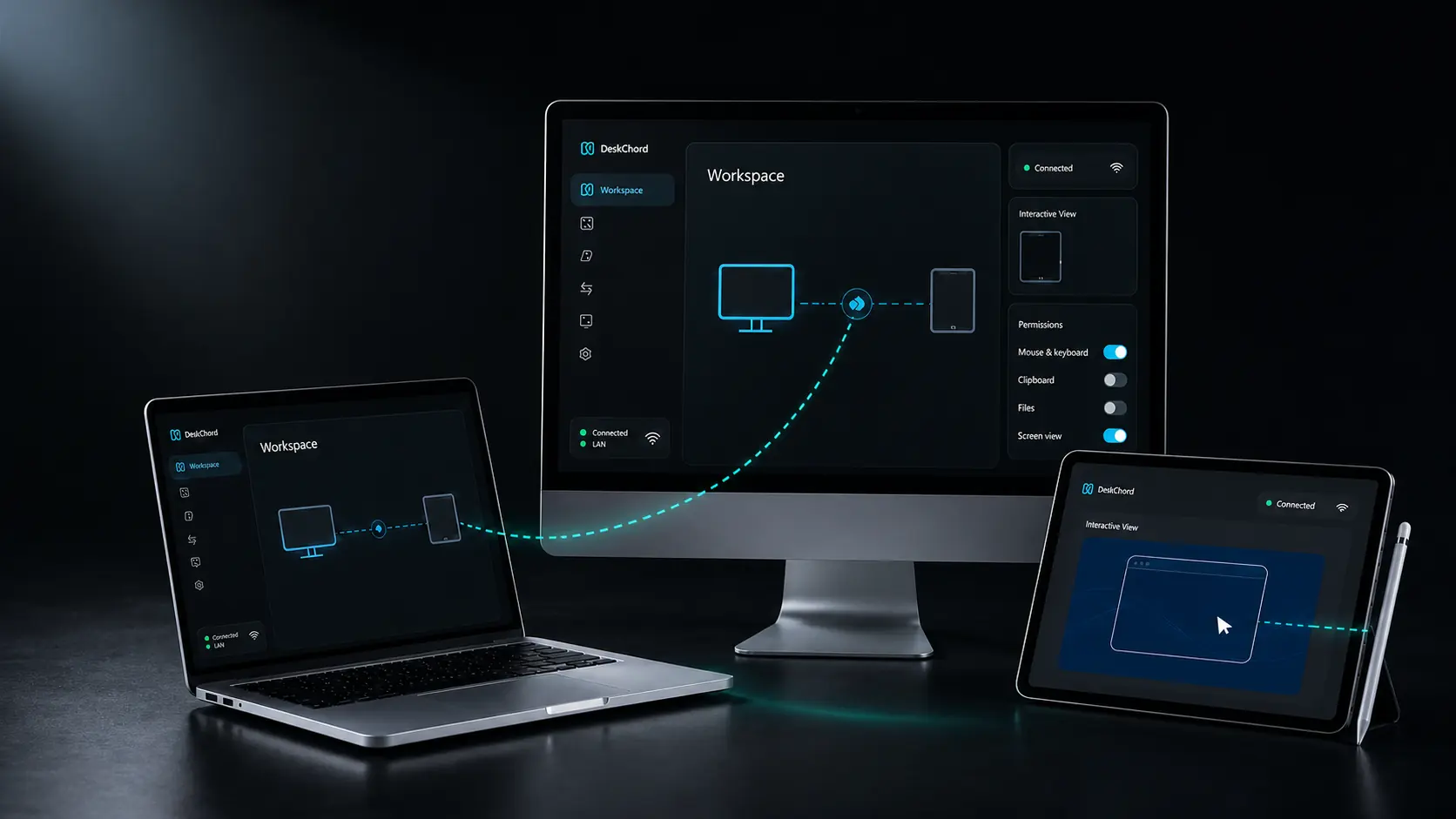 DeskChord app shown across a Windows laptop, desktop monitor, and Android tablet during a local cursor handoff