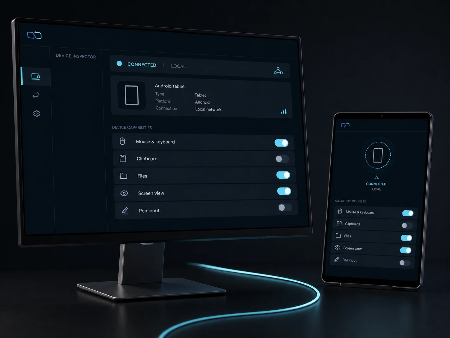 DeskChord permission controls showing independent local access for cursor, files, pen, and screen view